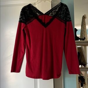 Red and Black Lace Long Sleeve Top